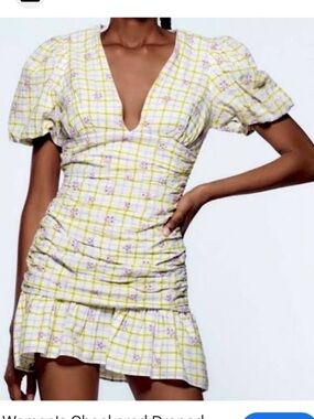 Zara Yellow Check Plaid V-Neck Draped Mini Dress